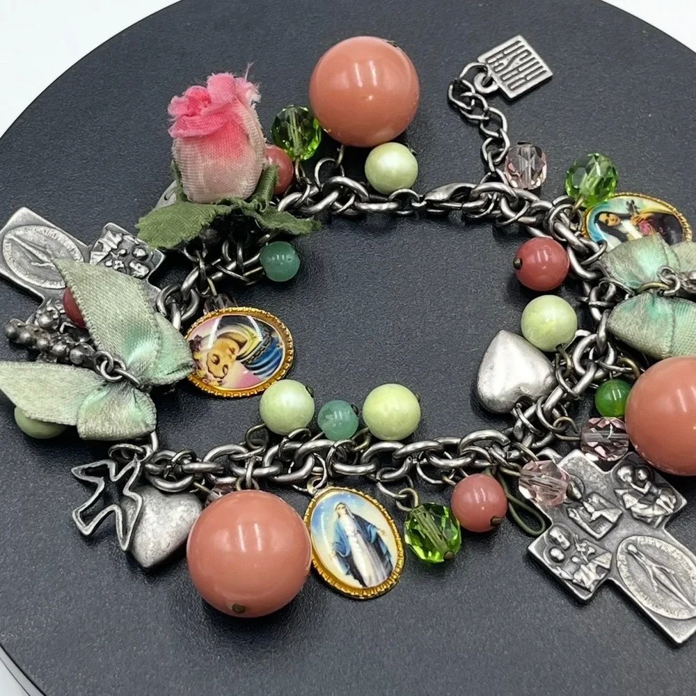 Rasa Signed Peach Green Beaded Pink Rose Religious Themed Charm Dangle‎ Bracelet